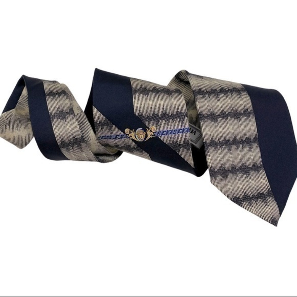 Gianni Versace Tie Color Navy Blue/Tan/Yellow